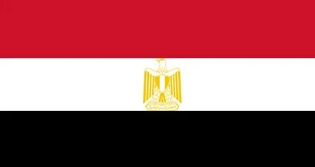 Country flag of Egypt, consisting of three horizontal stripes in red, white, and black, with the Egyptian eagle of Saladin centered in the white stripe.